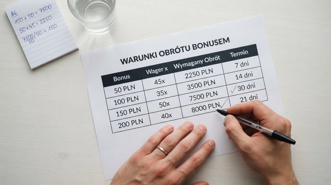 Zbliżenie na tabelę z warunkami bonusu: kwota bonusu, mnożnik obrotu x40, kwota do obrotu i termin 3 dni