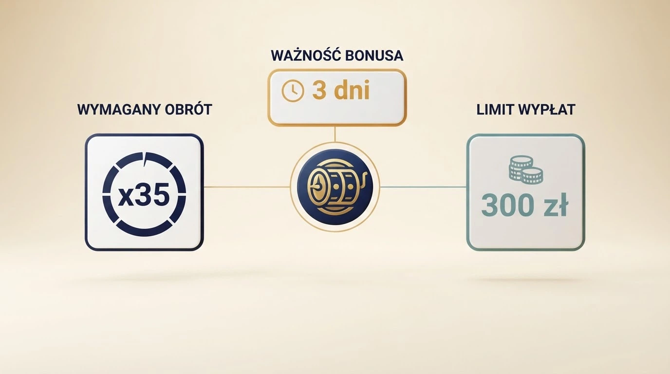Zestawienie trzech kluczowych warunków bonusu bez depozytu: wymóg obrotu x35, limit czasu 3 dni i maksymalna wypłata 300 zł, przedstawione na tle regulaminu promocji