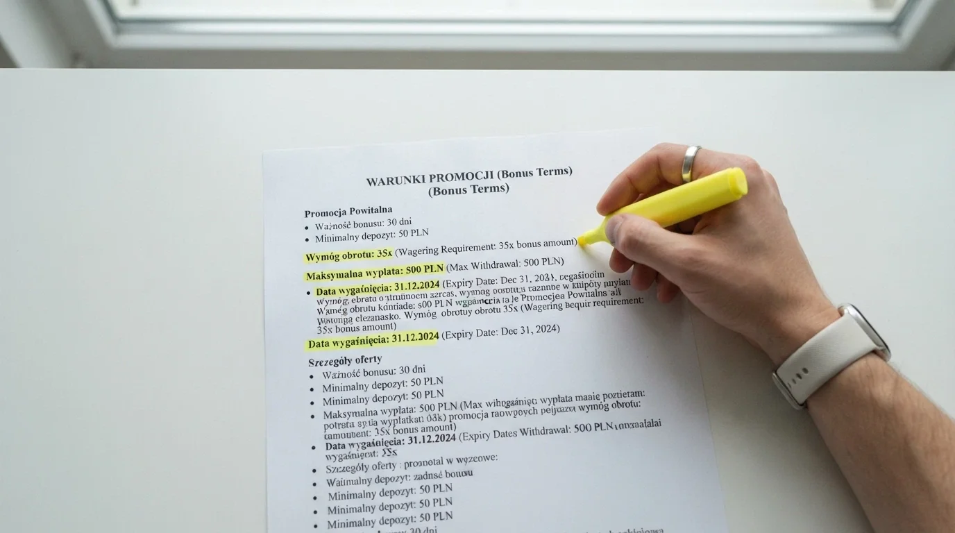 Zbliżenie na fragment regulaminu promocji z podkreślonymi polami: wymóg obrotu, limit wypłaty, data ważności