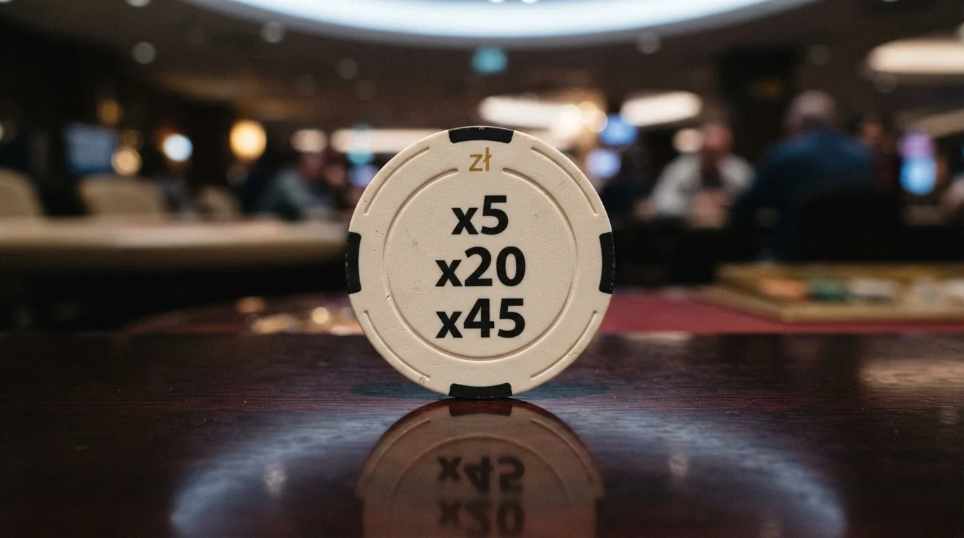 Trzy karty bonusowe ułożone obok siebie — każda z inną liczbą „x” (x5, x20, x45) i przekreśloną kwotą wypłaty