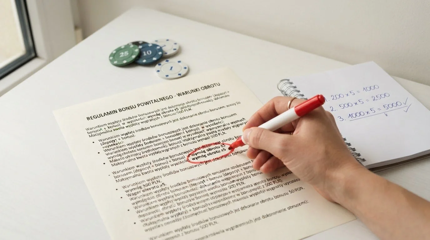 Kalkulator na biurku obok wydruku regulaminu bonusu — ktoś zakreśla „wager x5” czerwonym flamastrem