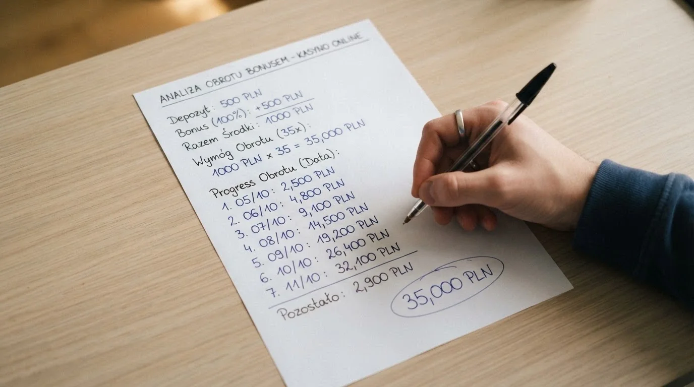 Kartka z rozpisanymi warunkami bonusu — kwota, mnożnik obrotu, limit wypłat, termin — obok kalkulatora