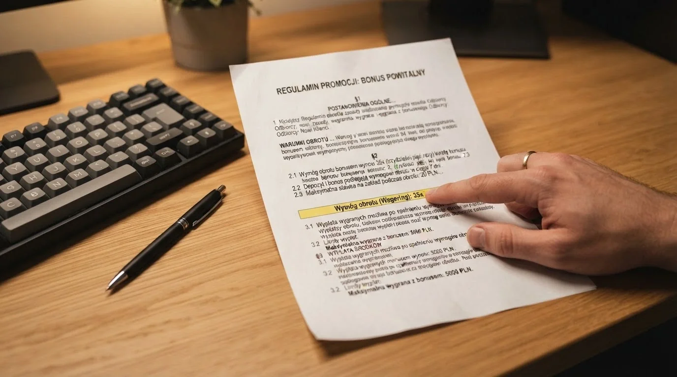 Zbliżenie na regulamin bonusu z widocznymi zapisami o wymogu obrotu, limicie wypłaty i czasie ważności — dokument na biurku obok klawiatury
