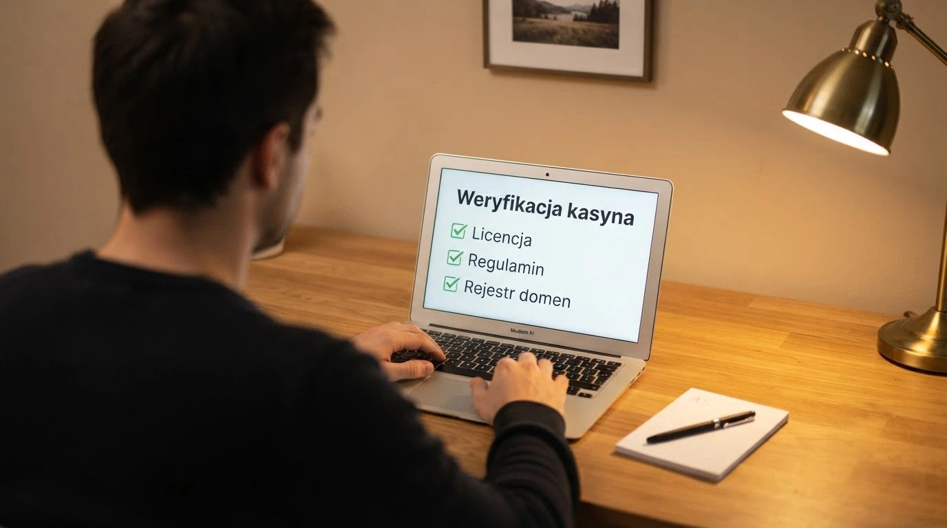 Ekran komputera z otwartą stroną hazard.mf.gov.pl i listą kontrolną weryfikacji kasyna — osiem punktów do sprawdzenia przed rejestracją