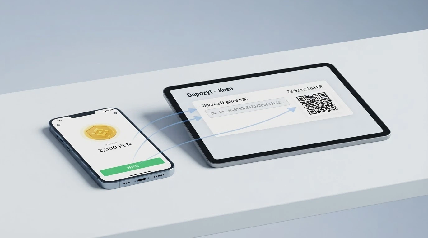 Smartfon wyświetlający portfel krypto z przyciskiem „wyślij BNB” oraz ekran kasyna z adresem BSC do wpłaty — strzałki pokazujące kolejne kroki transferu